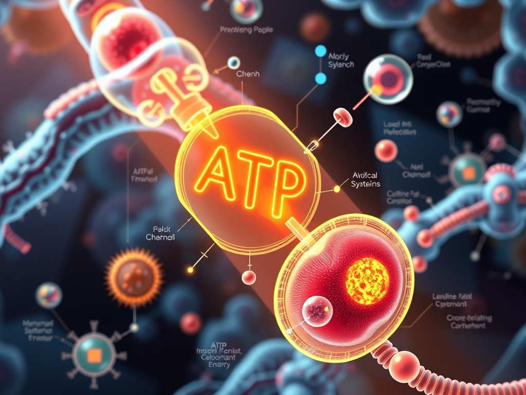 Representación del ATP como molécula clave en la producción de energía celular, fundamento para entender la biorresonancia funcional