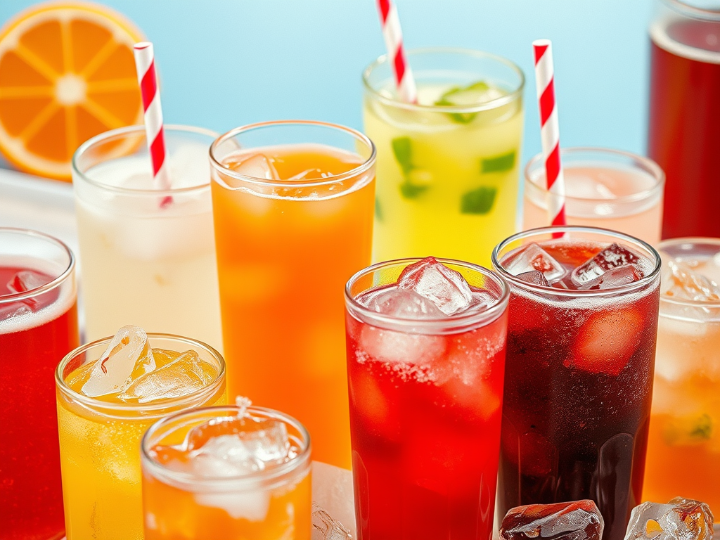 Vasos juntos con colores brillantes representando el consumo  excesivo de azúcar y su impacto en la salud metabólica
