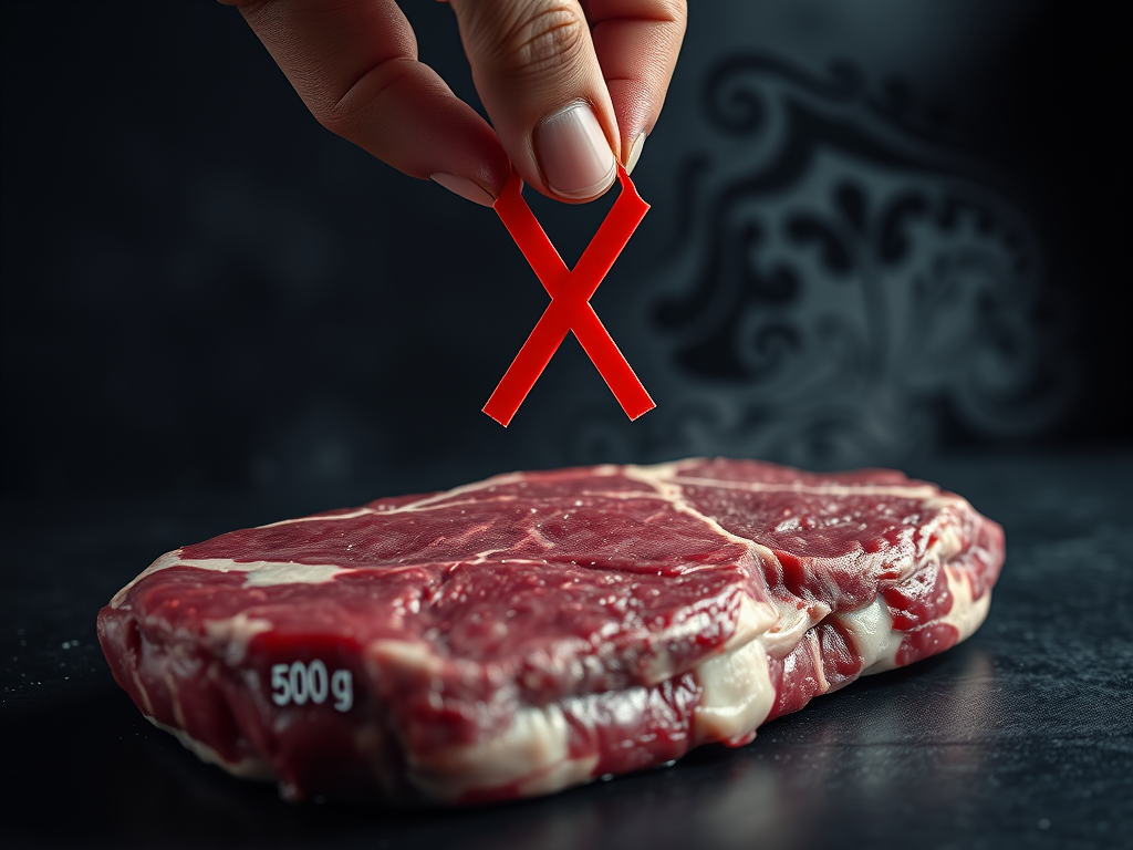 Un filete de carne cruda  con una mano sosteniendo una señal de "X" roja encima, simbolizando los riesgos del consumo excesivo de carne roja.
