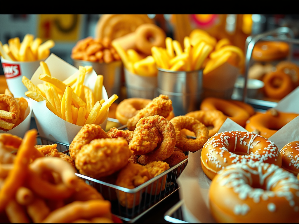 Plato con una selección de alimentos fritos populares, como pollo crujiente, papas fritas y aros de cebolla, que ilustra los peligros de la comida chatarra para la salud.