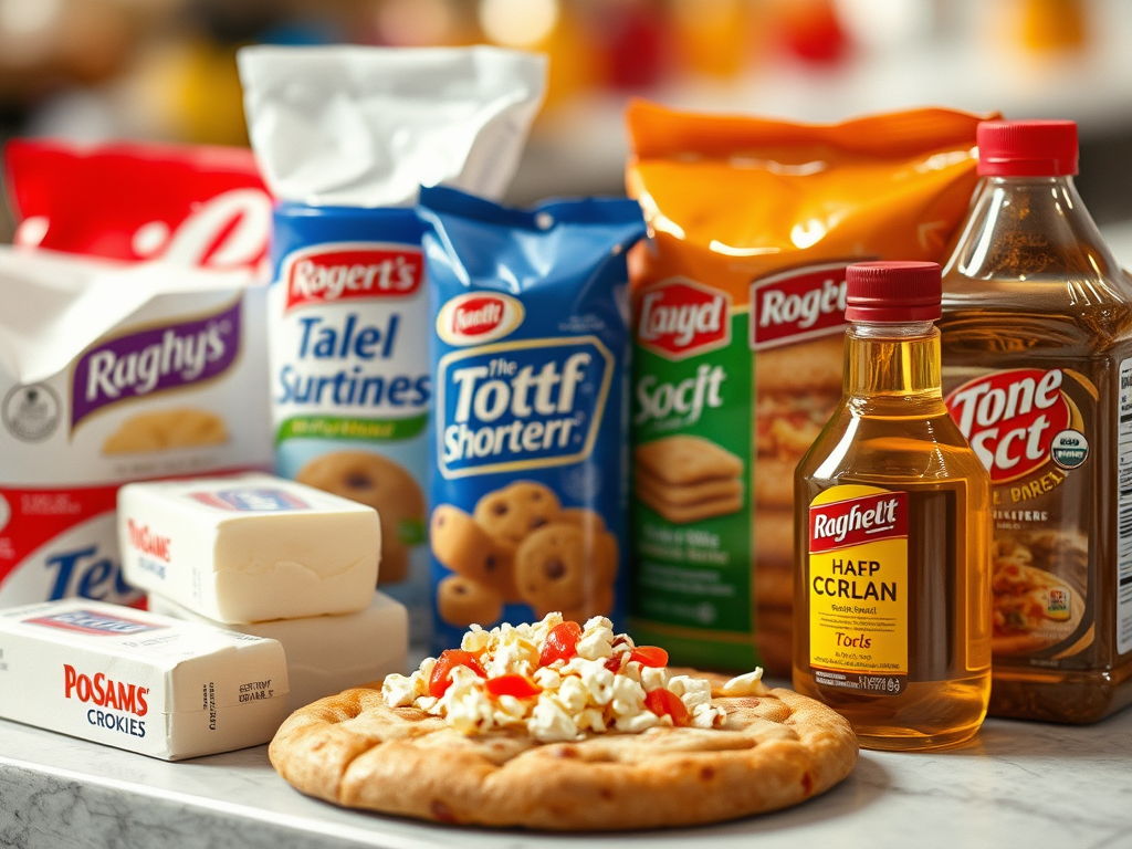 Gráfico que ilustra ejemplos de productos con alto contenido de grasas trans artificiales, incluyendo bollería envasada, margarina, mantecas, comidas congeladas y aceites de fritura."