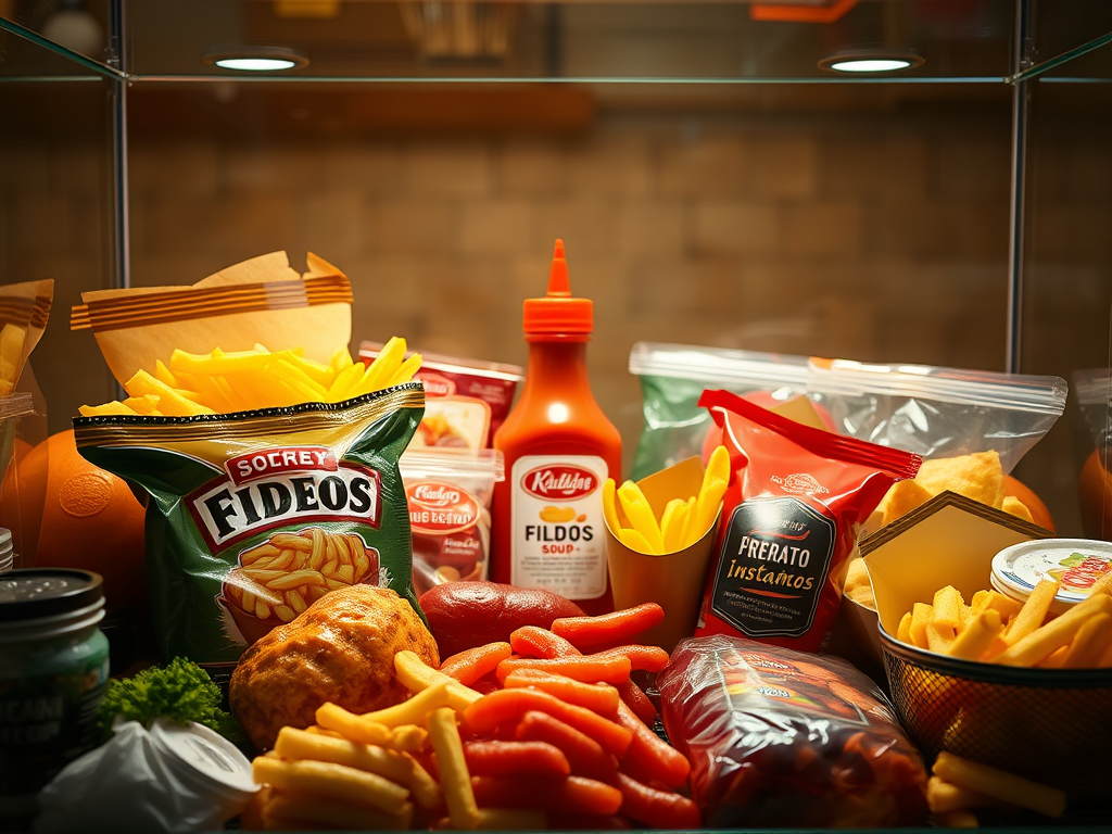 Un bodegón con varios alimentos ultraprocesados como un paquete de fideos instantáneos, una lata de sopa, un paquete de patatas fritas, embutidos y un bote de ketchup, con un salero en el centro que parece estar "escondido" entre ellos.