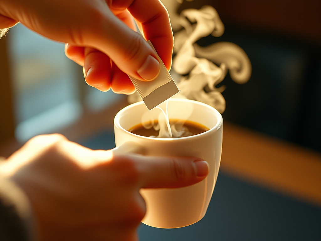 Una persona a punto de verter el contenido de un sobre de edulcorante artificial en una taza de café humeante.
