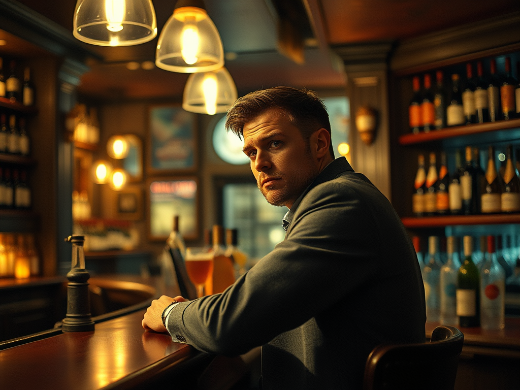 Hombre sentado solo en un bar, preocupado, representando los peligros y la tristeza asociados al consumo excesivo de alcohol