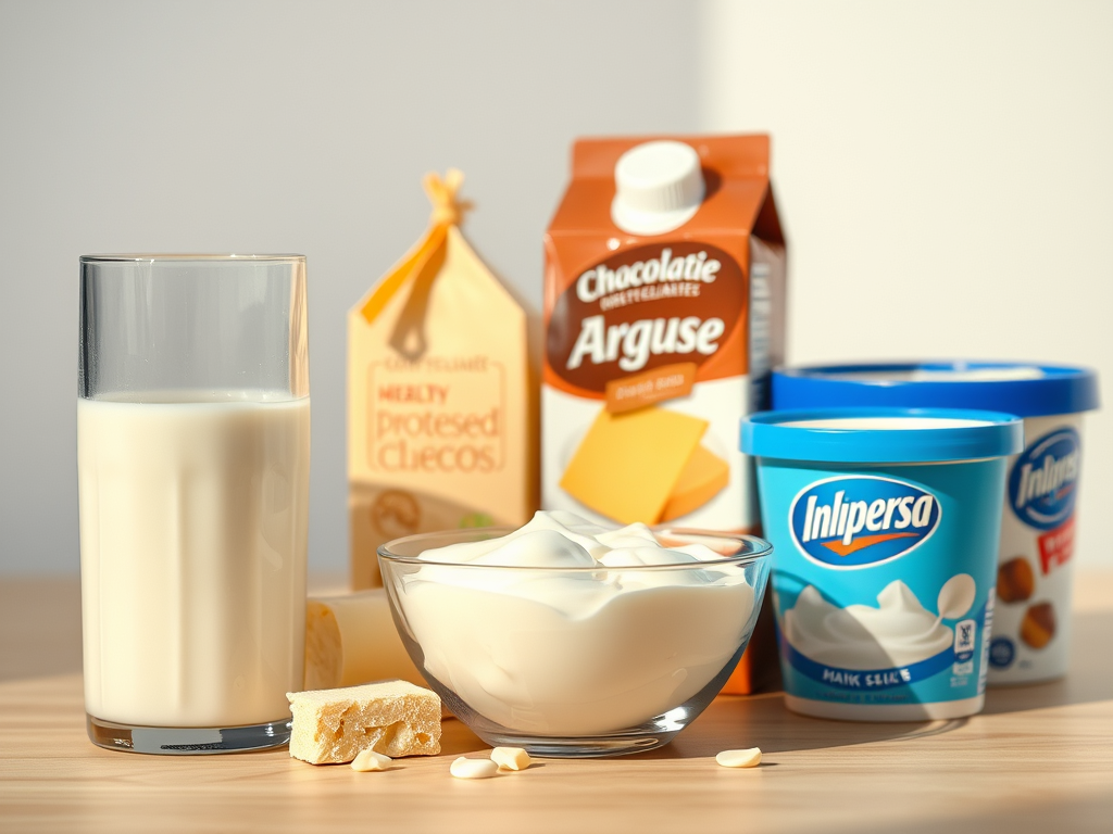 Comparativa de productos lácteos: de un lado, opciones procesadas y altas en grasa como queso en lonchas y helado; del otro, opciones saludables.