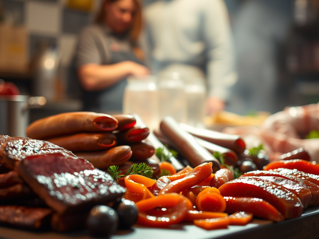 Variedad de carnes procesadas como embutidos, salchichas y tocino ilustrando su atractivo visual  y los riesgos asociados a su consumo
